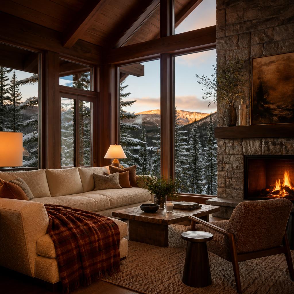 Warm living room with a fireplace at an Alpenglow cabin in Wrightwood